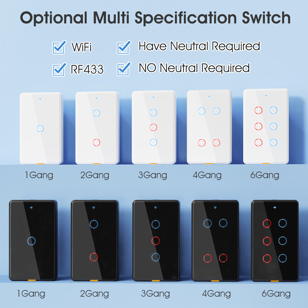 Tuya Smart WiFi 6 Gang Light Switch No Neutral Wire, Timing, Voice Control, RF433, Alexa & Google Home Compatible