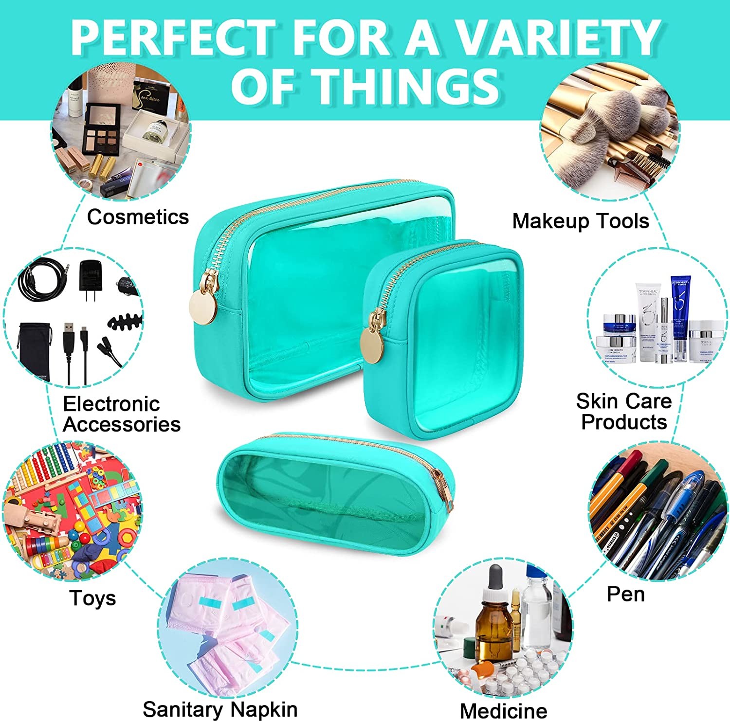 Small Nylon PVC Cosmetic Bag TSA Approved Travel Toiletry Bag with Zipper