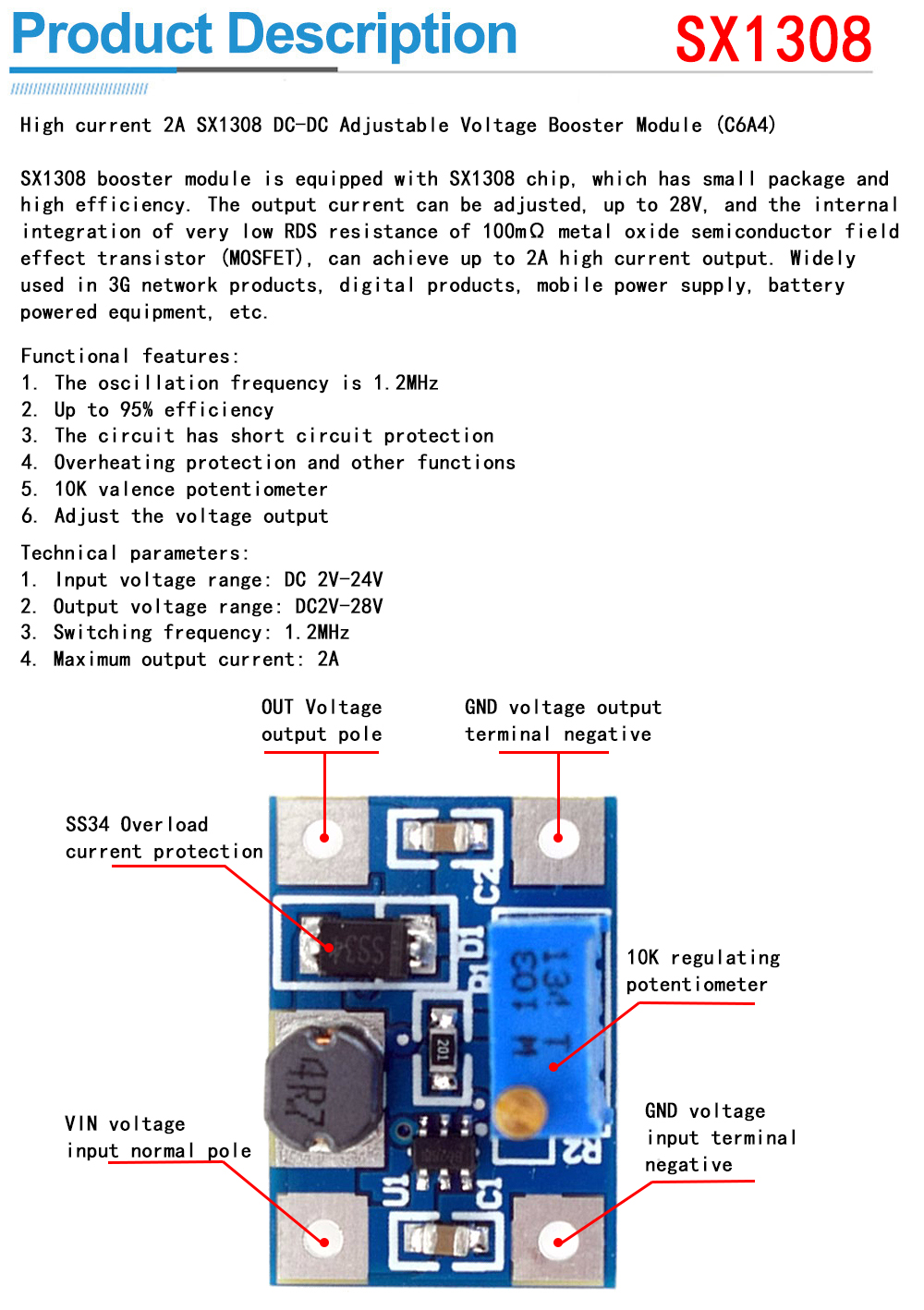 Creatall MT3608 DC-DC Boost Module 2A Boost Board Input Voltage 2-24V Output Voltage 30V