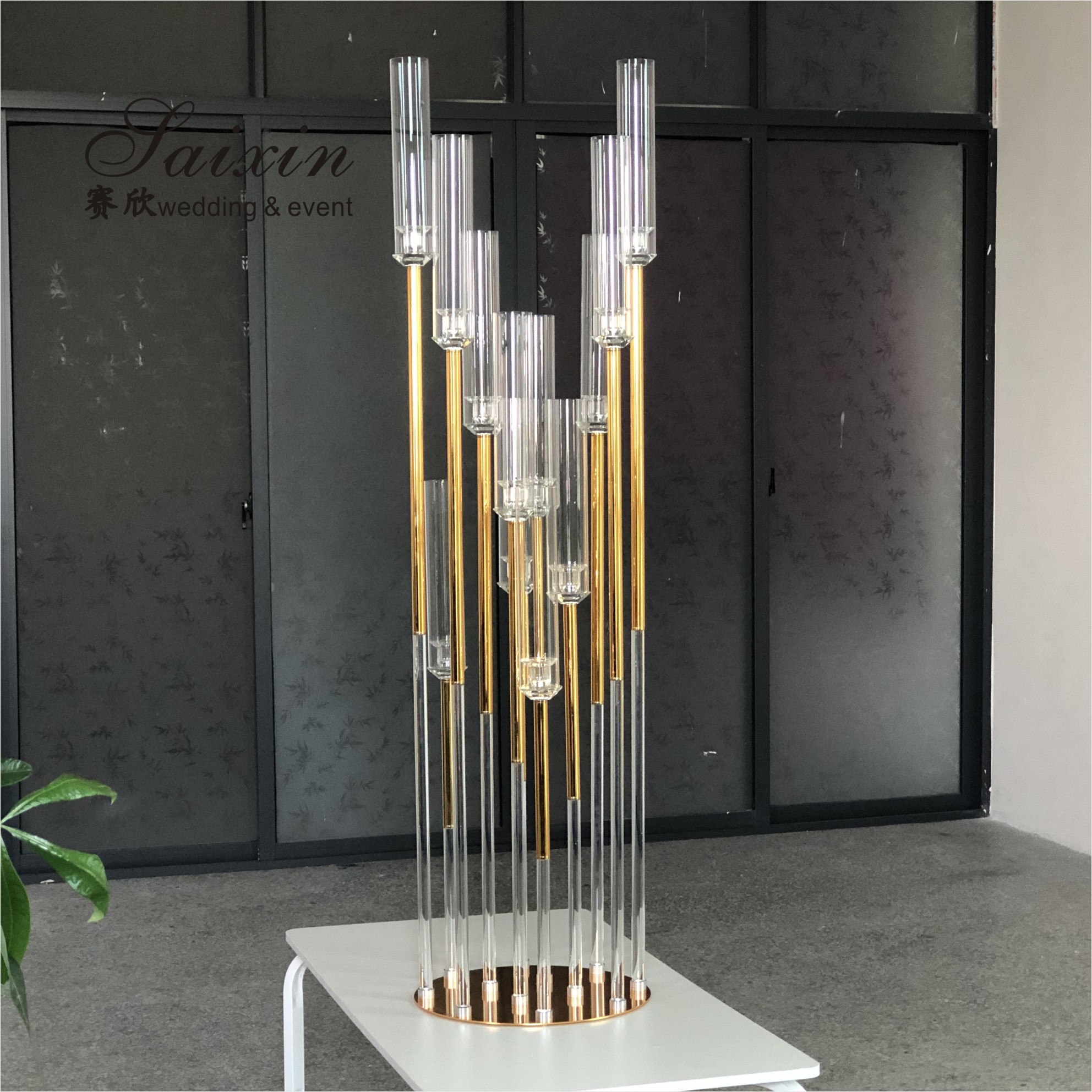 130CM 6 Pole Unique Flower Stand Acrylic Crystal Gold Glass Table Centerpieces