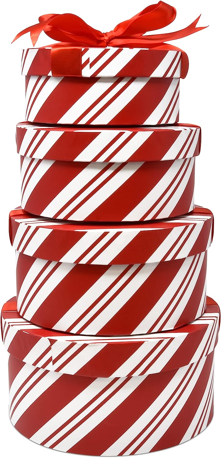 Craft Christmas Round Nesting Gift Boxes with Lids 4 Pack Red and White Candy Cookie Box