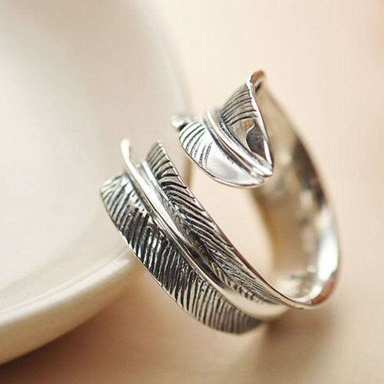 925 Silver Feather Ring Vintage Plume Adjustable Opening Band Ring (011231W)