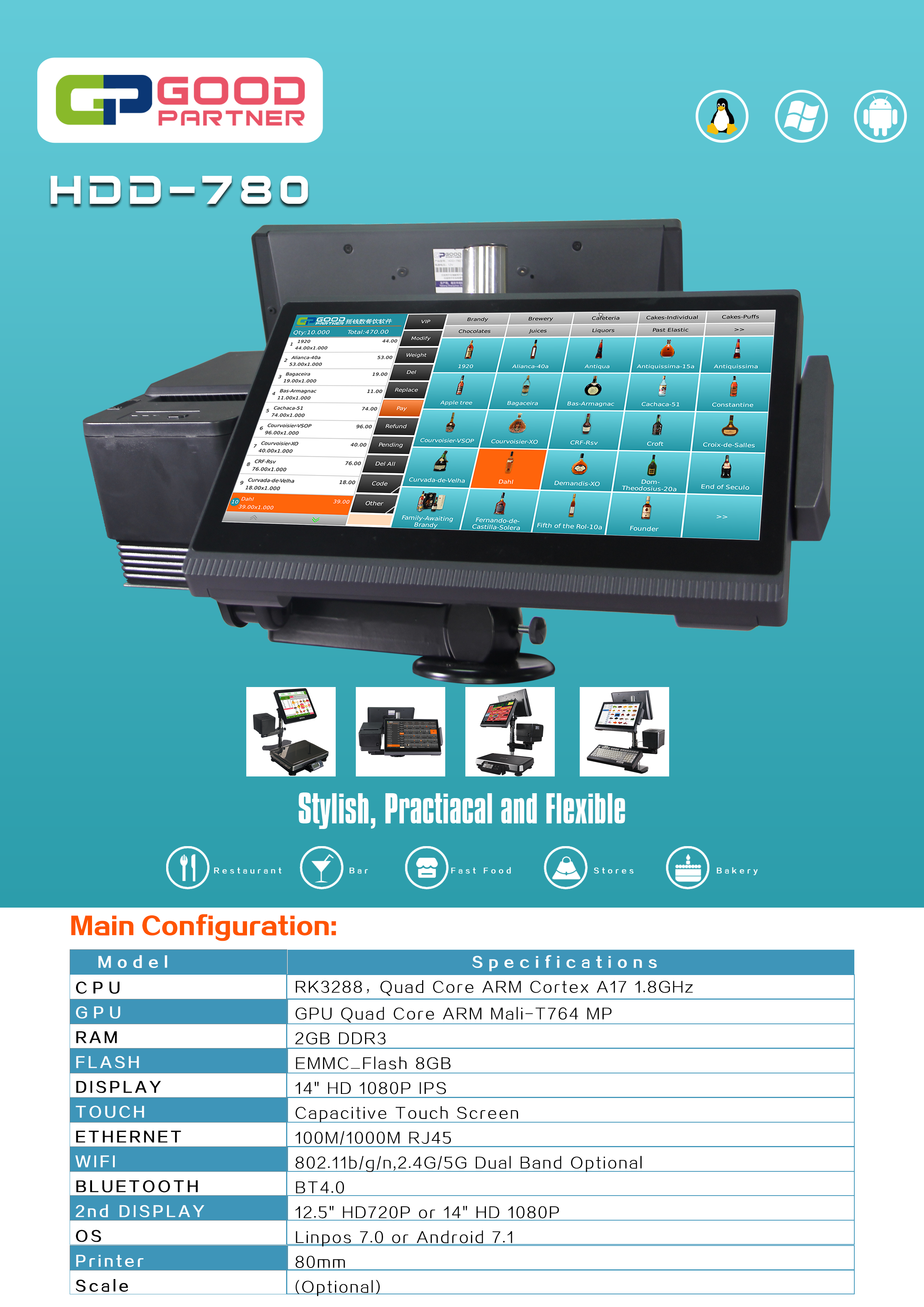 80mm Printing Method Full HD 1080p Main Display POS Machine with 14 Inch Thermal Receipt