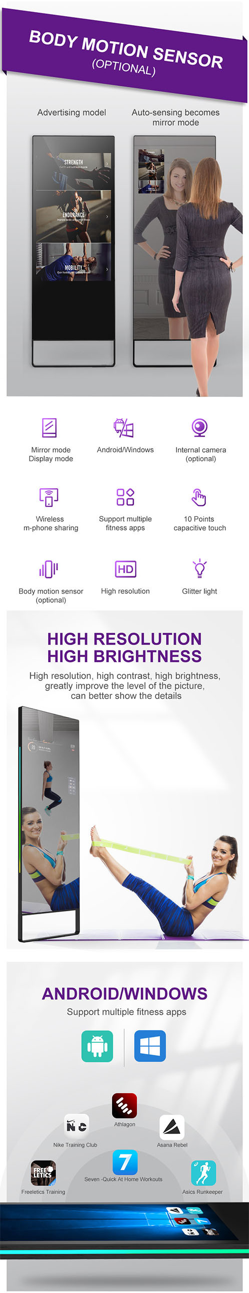 Gym Using Mirror Display Screen 43" Free Standing for Fitness