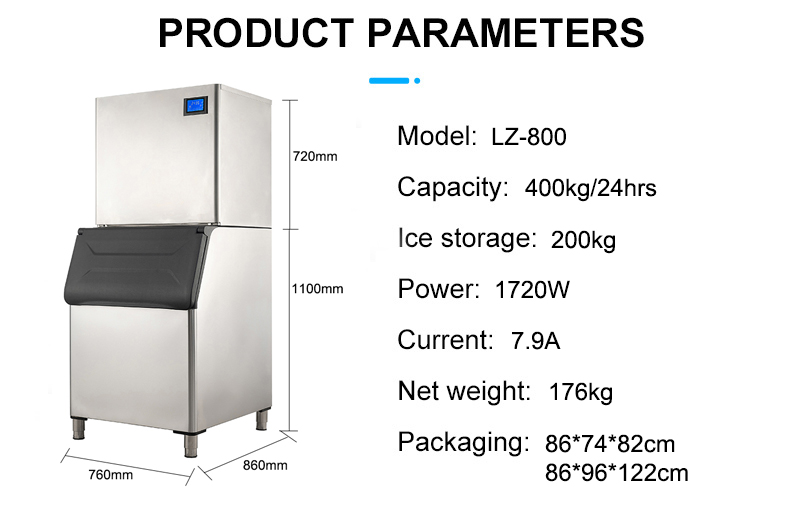 400kg Daily Voltage 220V LZ-800 Commercial Ice Machine Crescent Cube for Bar Food Shop