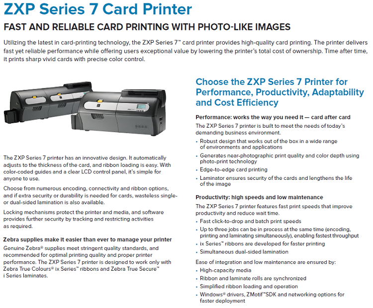 Versatile Zebra ZXP Series 7 Dual Sided Retransfer Smart ID Card Printer 300dpi USB