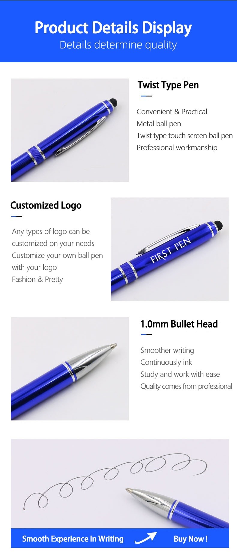 Touch Screen Metal Ballpoint Pen 1.0mm Bullet Tip Stationery 2 In 1 Stylus Pen