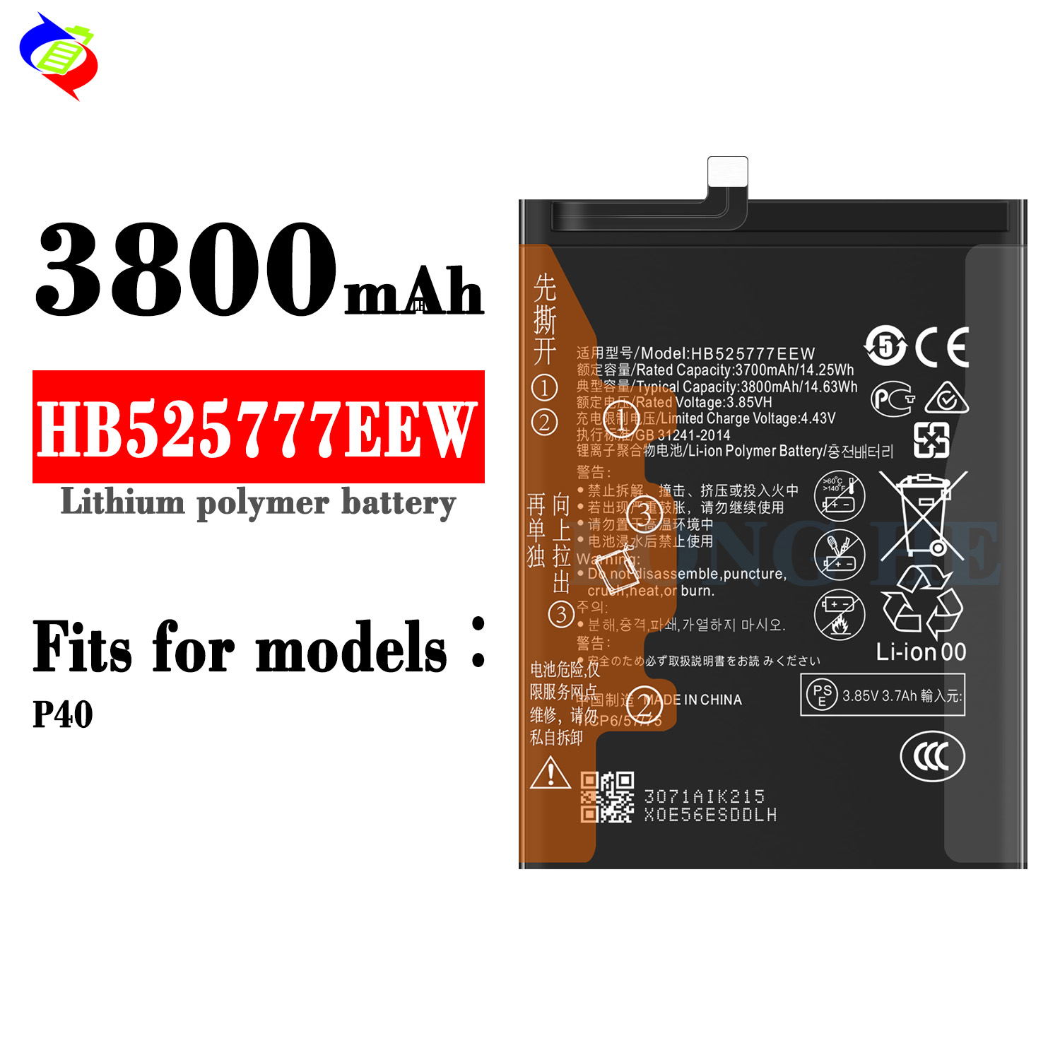 Replacement Li-polymer Battery HB525777EEW for Huawei P40 3800mAh 3.85V Mobile Phone Rechargeable