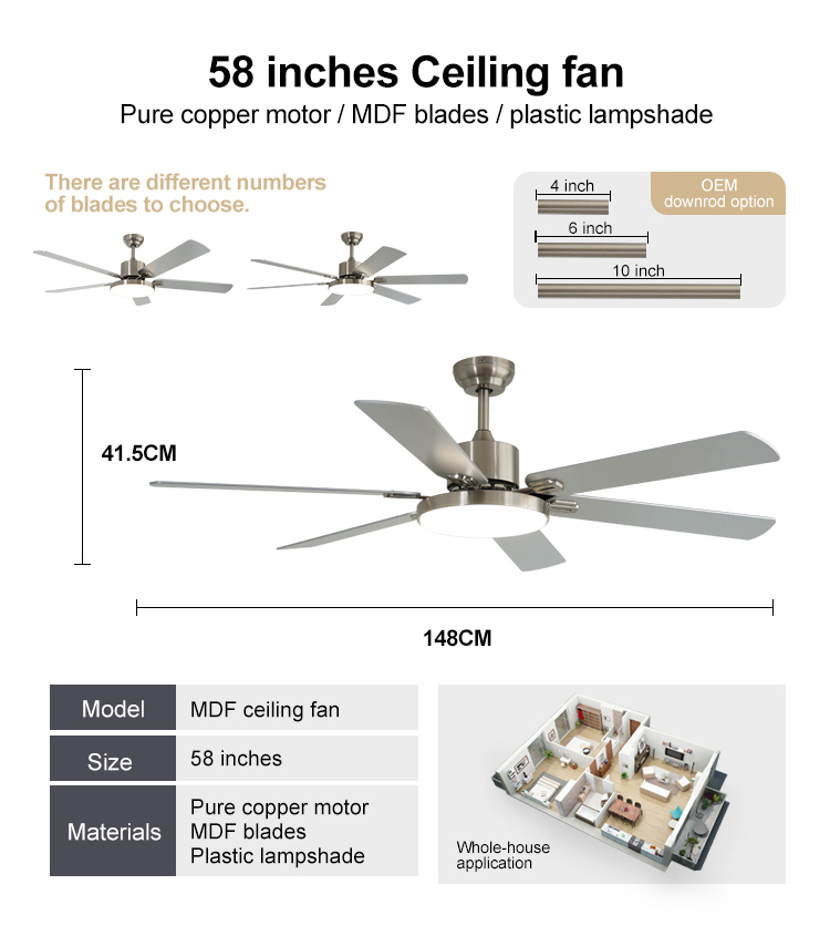 High Volume Natural Wind LED Ceiling Fan with 6 MDF Blades and Modern Design Style 10-