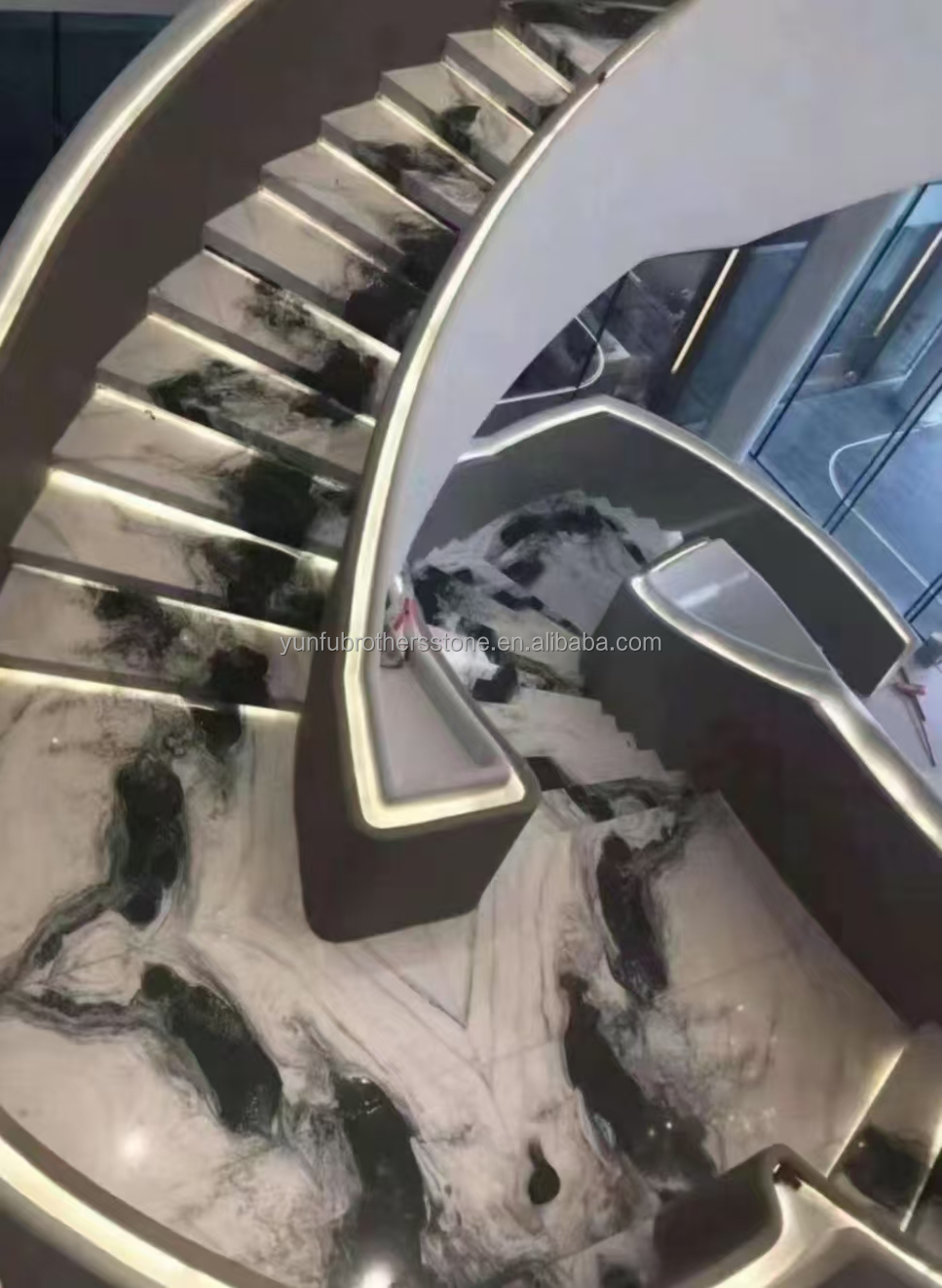 Modern Hotel Staircases Brothers Stone Panda White Marble Treads and Risers Anti Slip