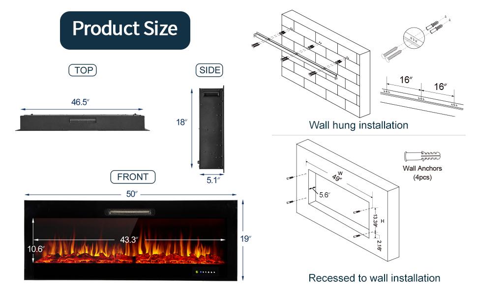 Adjustable Thermostat 40-In Electric Fireplace Wall Mounted Fireplace for Home Heating