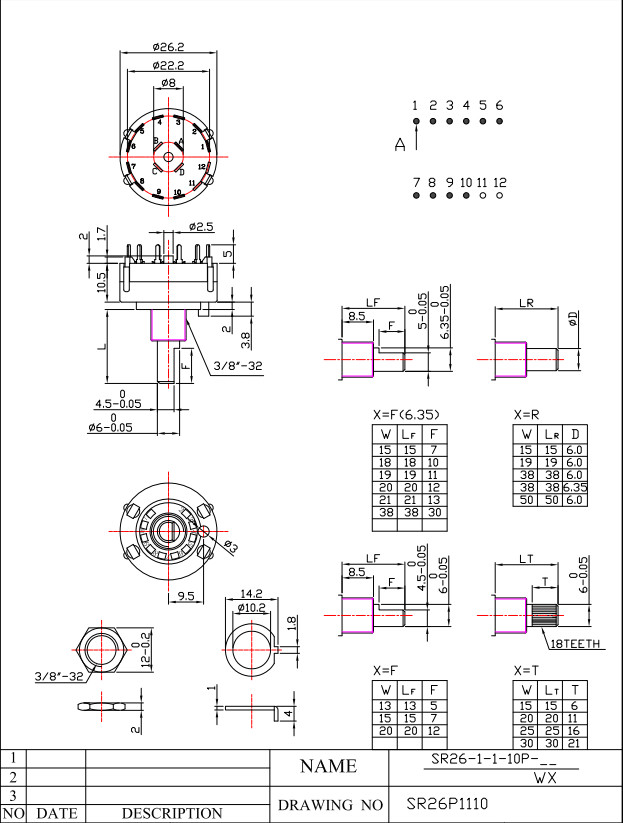 PC Pin 1P2T Continuous Rotary Switch 12 Pin 26mm Fan Speed Control