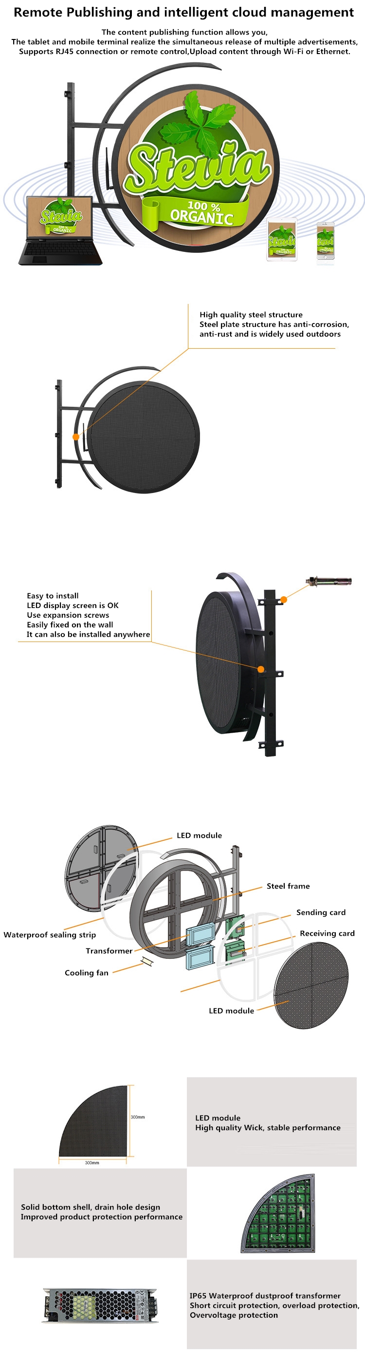 Electronic Led Advertising Display Screen Outdoor Round Led Screen 24 Inch FCC ISO