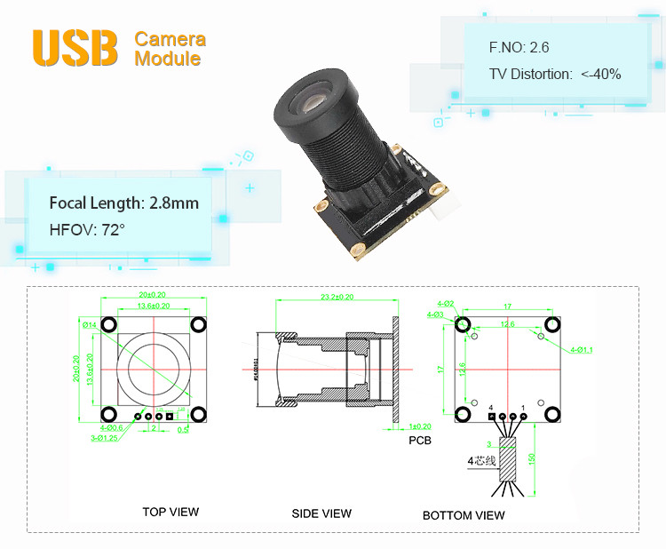 Mini 0.3 Megapixel No Distortion Lens OV7725 Webcam Camera Module