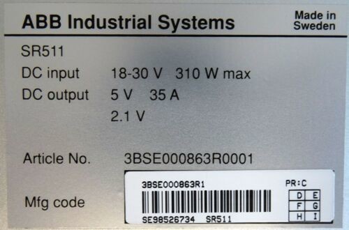 ABB 3BSE000863R1 SR511 POWER REGULATOR MODULE 310 W MAX 35 AMP 18-30 VDC INPUT