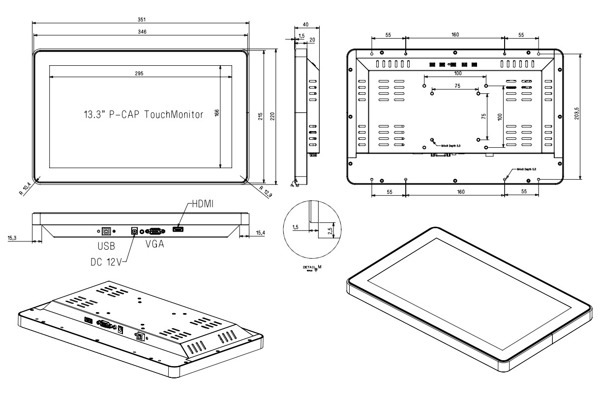 13.3 Inch Capacitive Portable LCD Screen Multi Touch 10 Points 60Hz