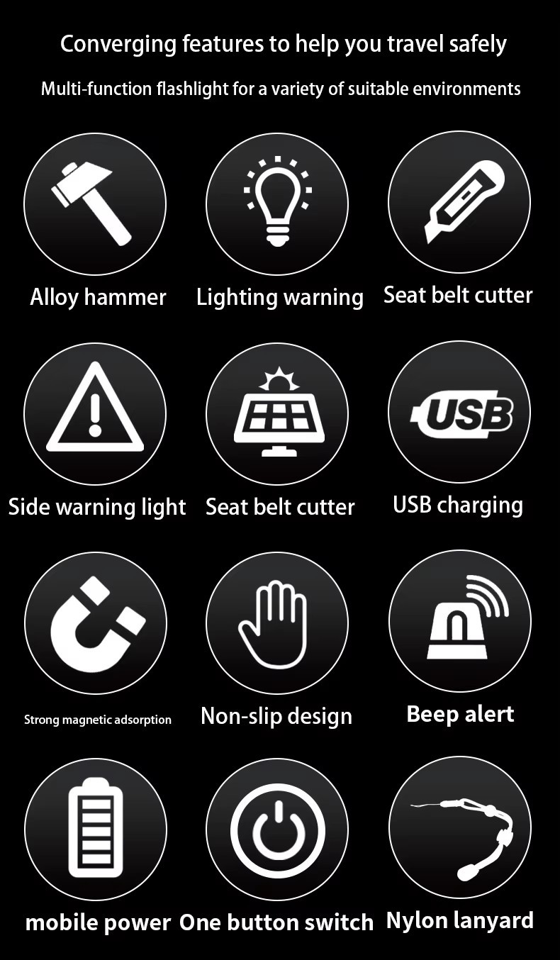 Super Bright LED Lighting Lantern Outdoor Travel Self-driving Tour Portable Life-saving Hammer Torch Solar Charging Flas