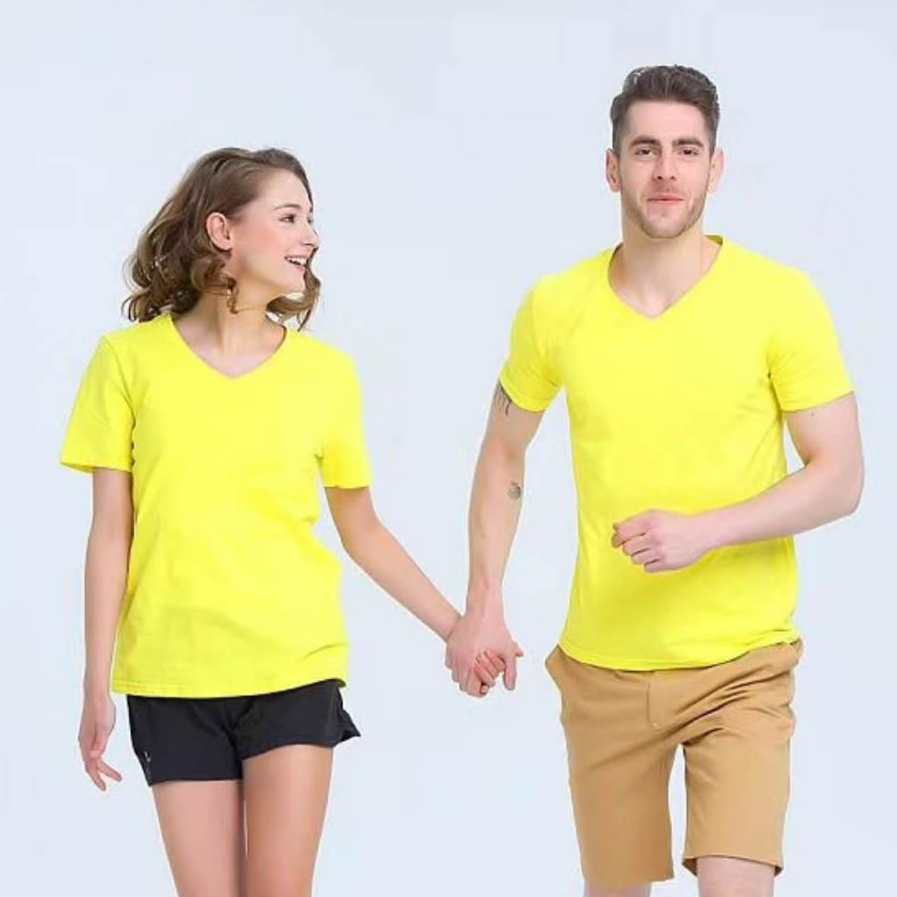 Yellow color V neck Customized logo printed T-shirt cotton preshrunk fabric moisture absorption sports apparel