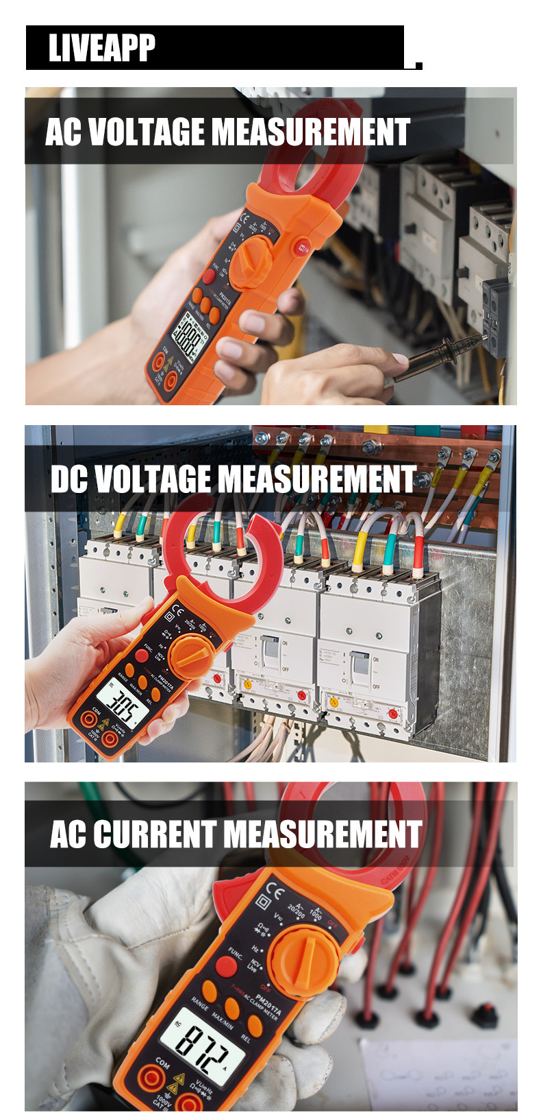 Ture RMS Digital AC Clamp Meters With Auto Range 1000A AC Non-Contact Voltage detaction Resistance
