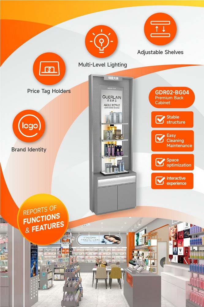 GDR02-BG04 Premium Skincare Display Cabinet with LED Strip Lights and Silver Mirror for Fashion Boutiques