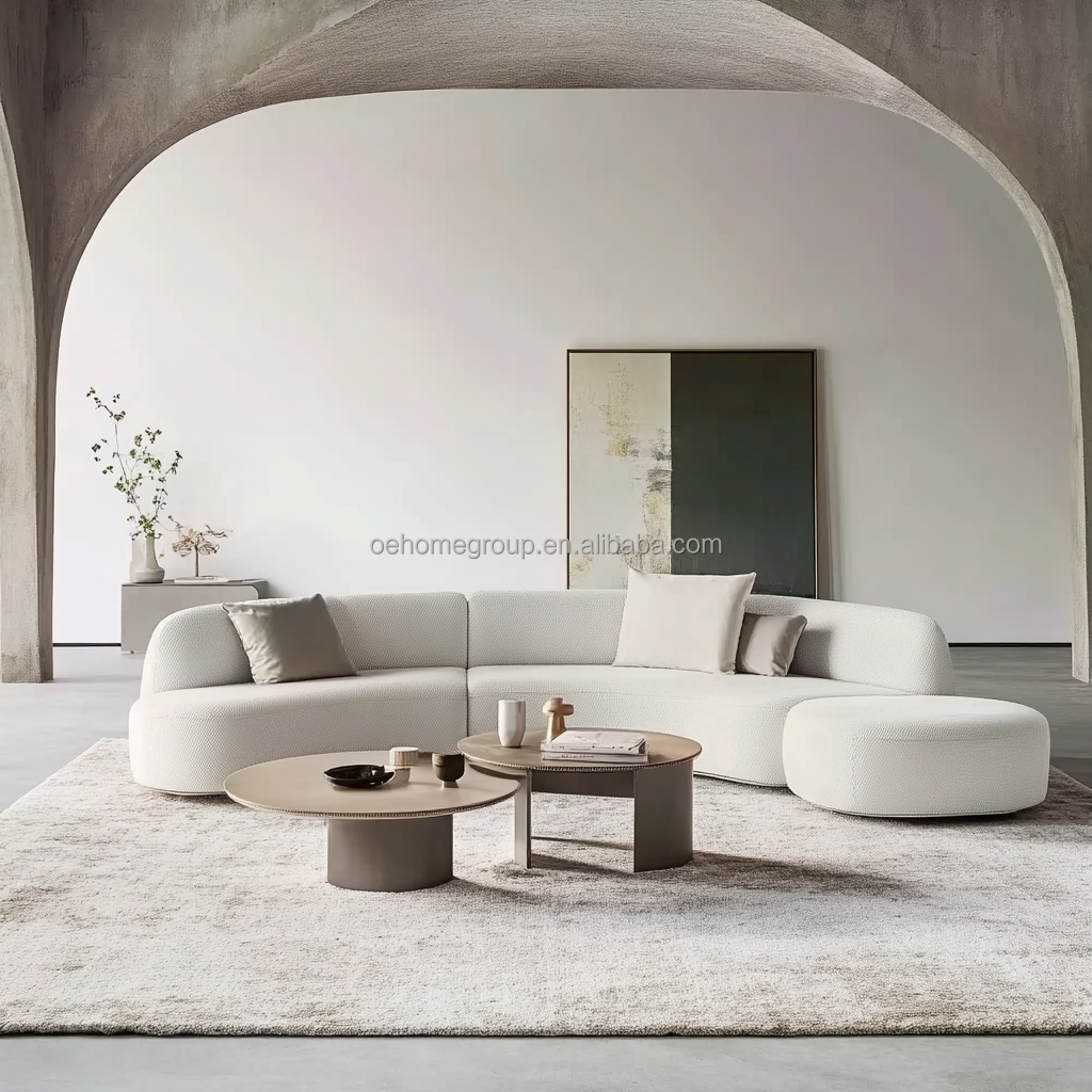 Tufted Back Style Double Seat Furniture White Love Seat Sofa With Wooden Moon Circle Fabric Cushion Hotel Must-Have