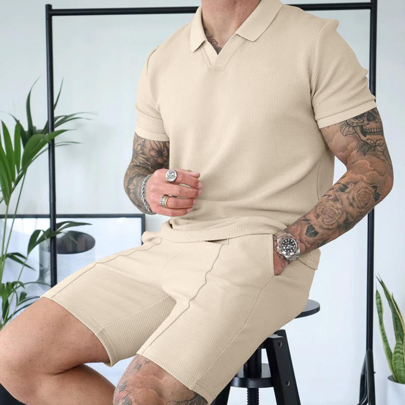 Customized 2024 Summer Tracksuit Set for Men Solid Color Polo T shirt and Waffle Shorts