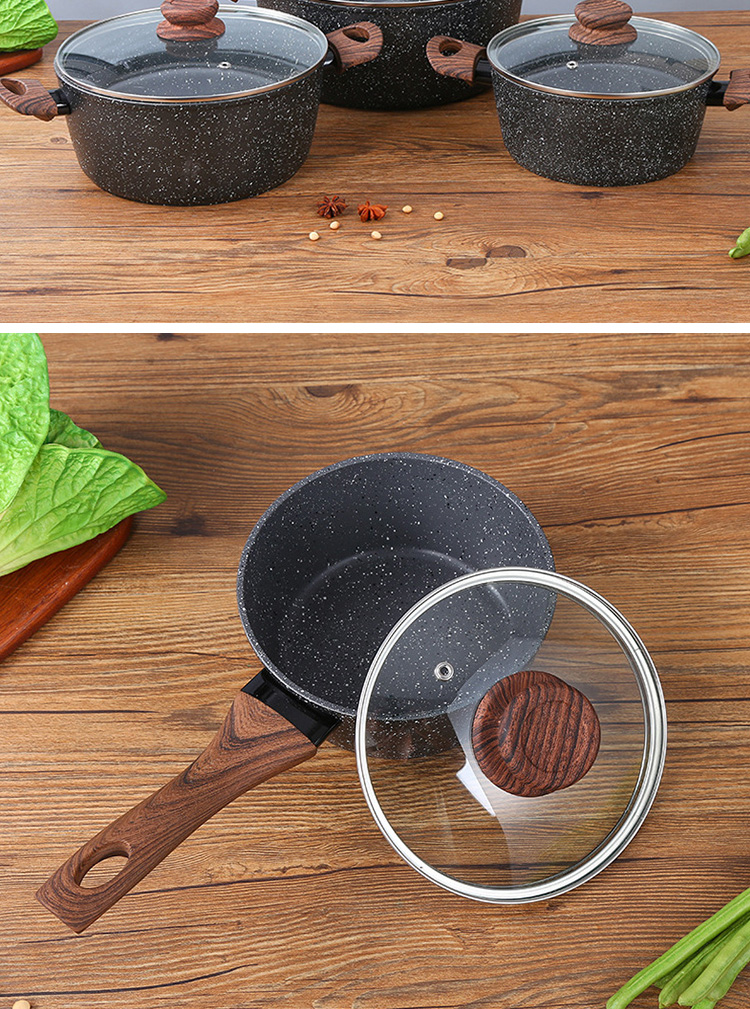 Various Models Kitchen Cookware Maifan Stone Aluminium Ollas Cooking Pot Sets With Thick Wooden Handle