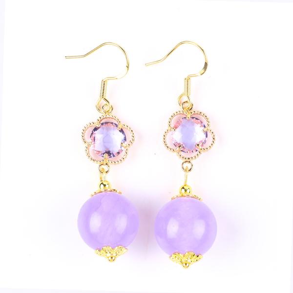 Handmade Crystal Stone Earrings Purple Chalcedony Gemstone Beaded Pendant
