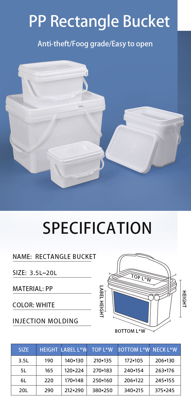 Professional Rectangle Airtight Bucket With Handle Lids 3.5L 5L 6L 20L Capacity