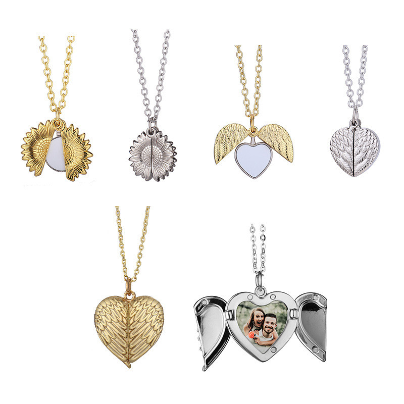 Sublimation Blank Angel Wings Locket Photo Necklaces Pendants Sublimation Printing Jewelry