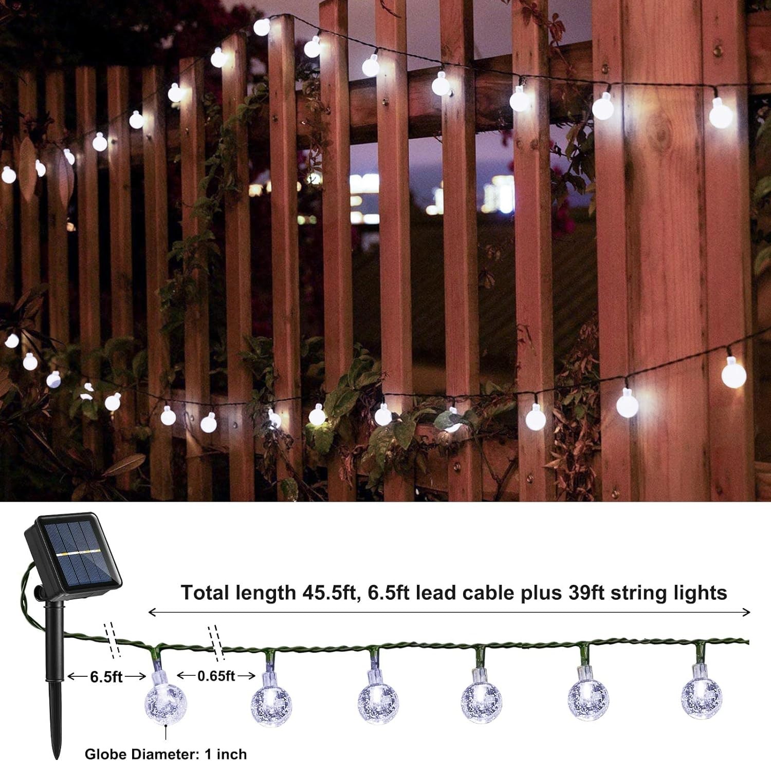 Outdoor Solar String Lights 45.5Ft 60 LED Solar Powered String Lights Crystal Ball Lights Solar Fairy Patio lights