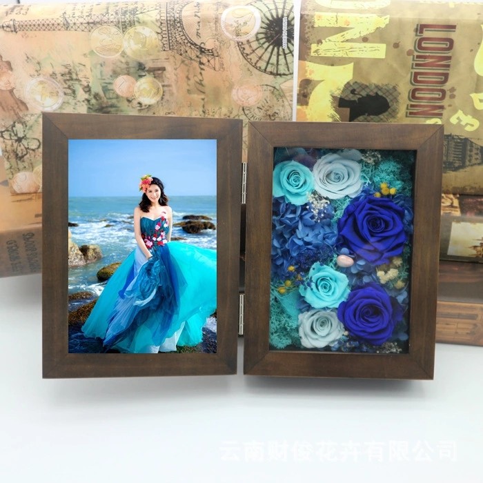 Natural Everlasting Preserved Flower Red Rose Gift Wood Photo Frame for Wedding Decoration gift