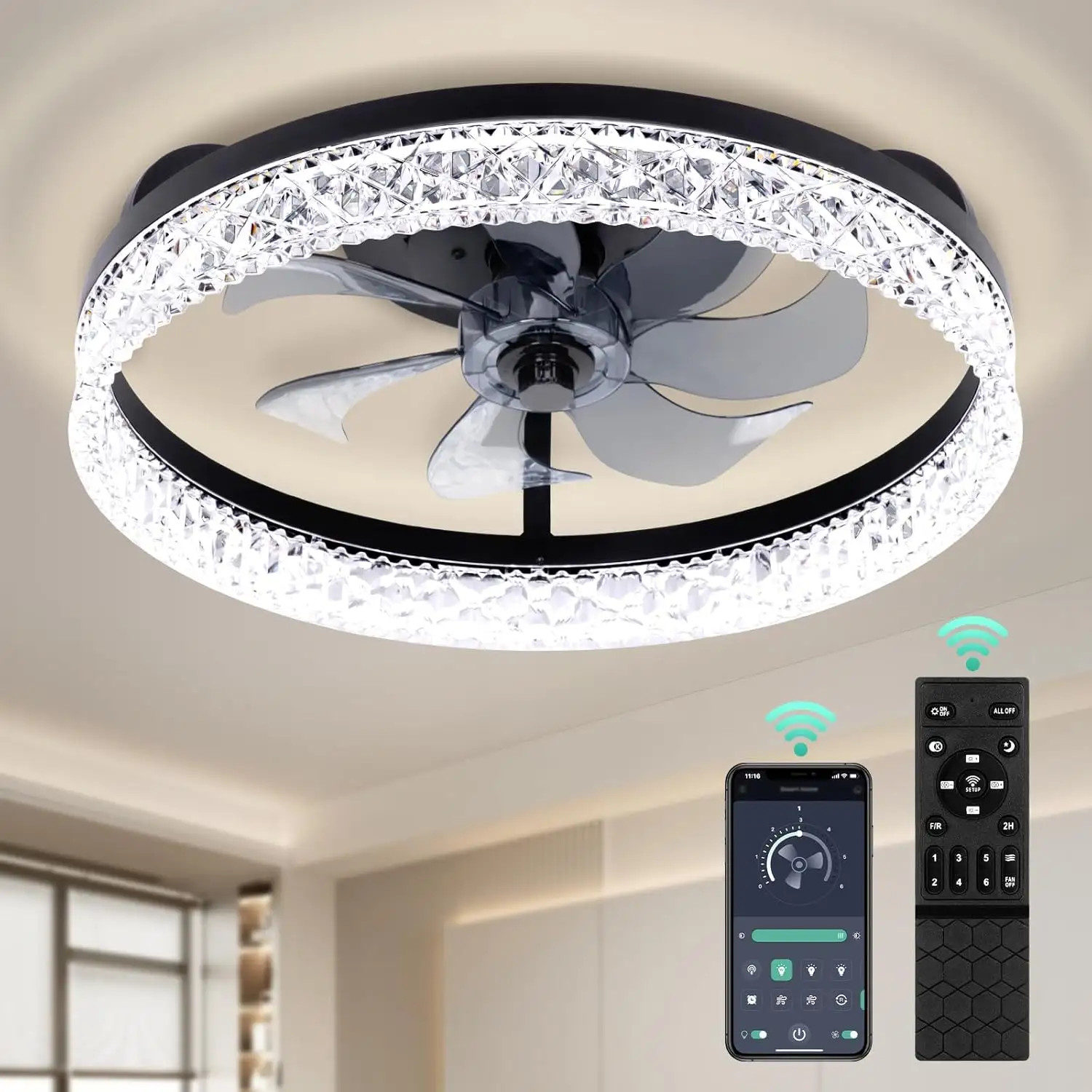 Round K9 Crystal Flush Mount Ceiling Fan Light With Remote Control