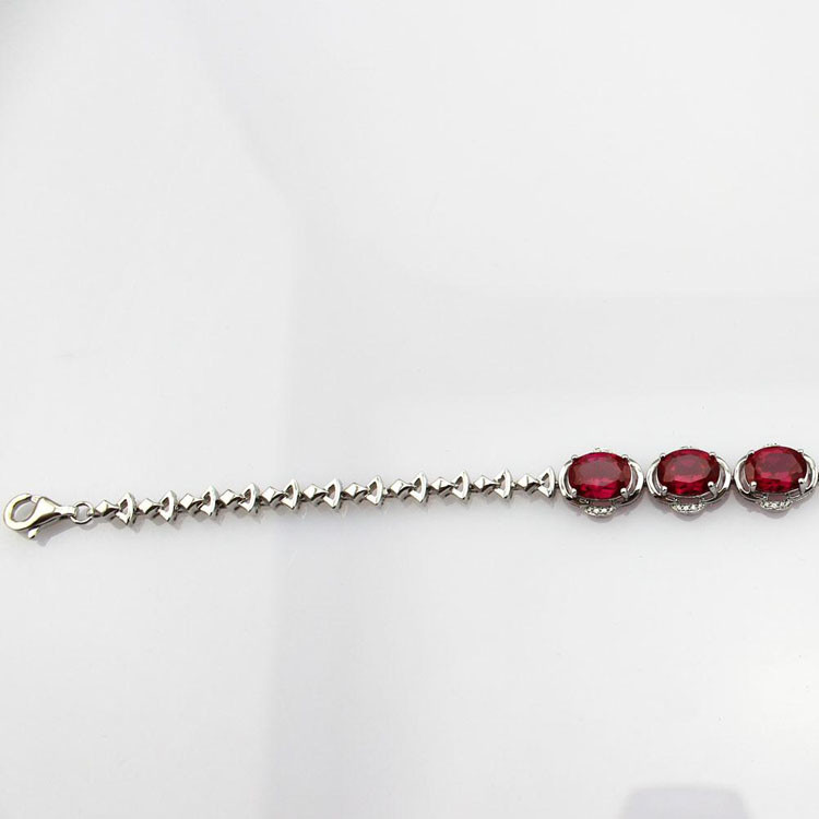 Fashion Jewellery Silver Link Bracelet with 7x9mm Created Ruby and Clear Cubic Zircon(H13)