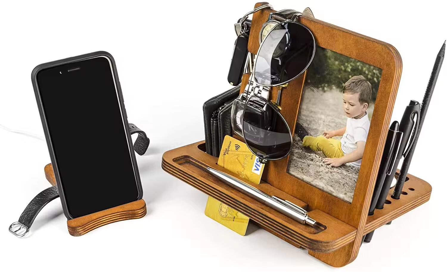 Wood Phone Docking Station Nightstand Organizer Natural Wood Color