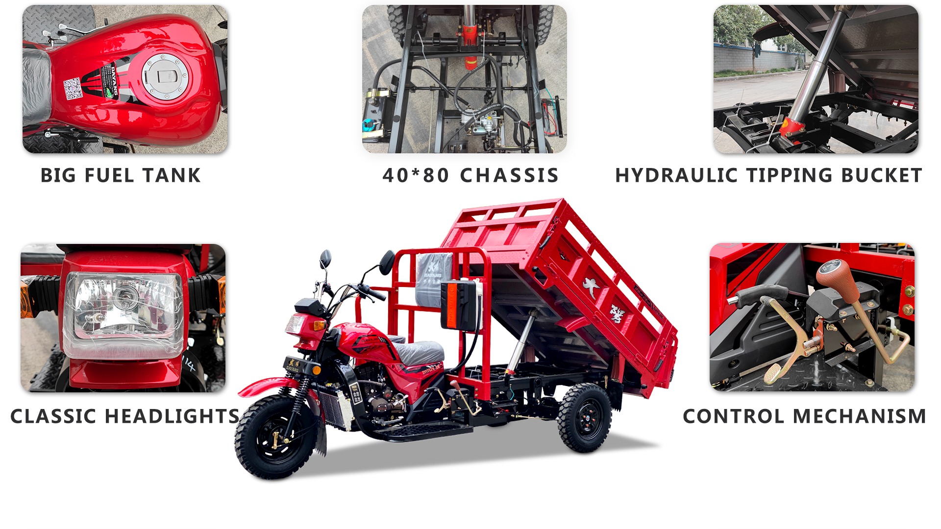 Heavy Ghana Gas 1000kg Cargo Tricycle with 5.0-12 Tire Size and 2*1.4m Cargo Box Size