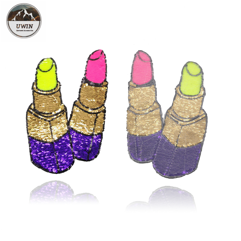 Fashionable Sequin Embroidery Patches / Lipstick Iron On Patches Customized Color