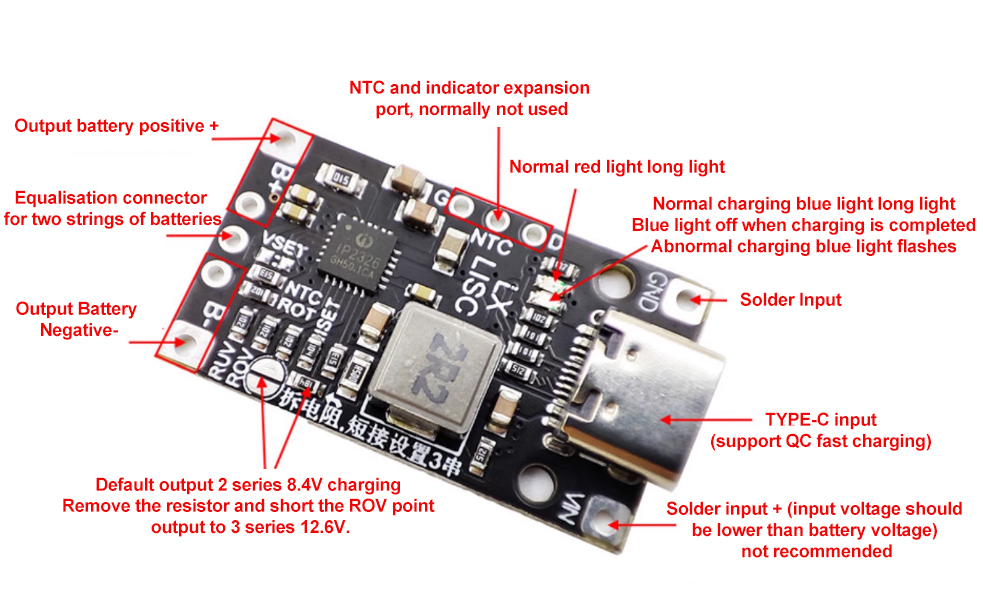 Type-C USB 2/3S BMS 15W 8.4V 12.6V 1.5A Lithium Battery Charging Boost Module With Balanced Support Fast Charge With Indicator