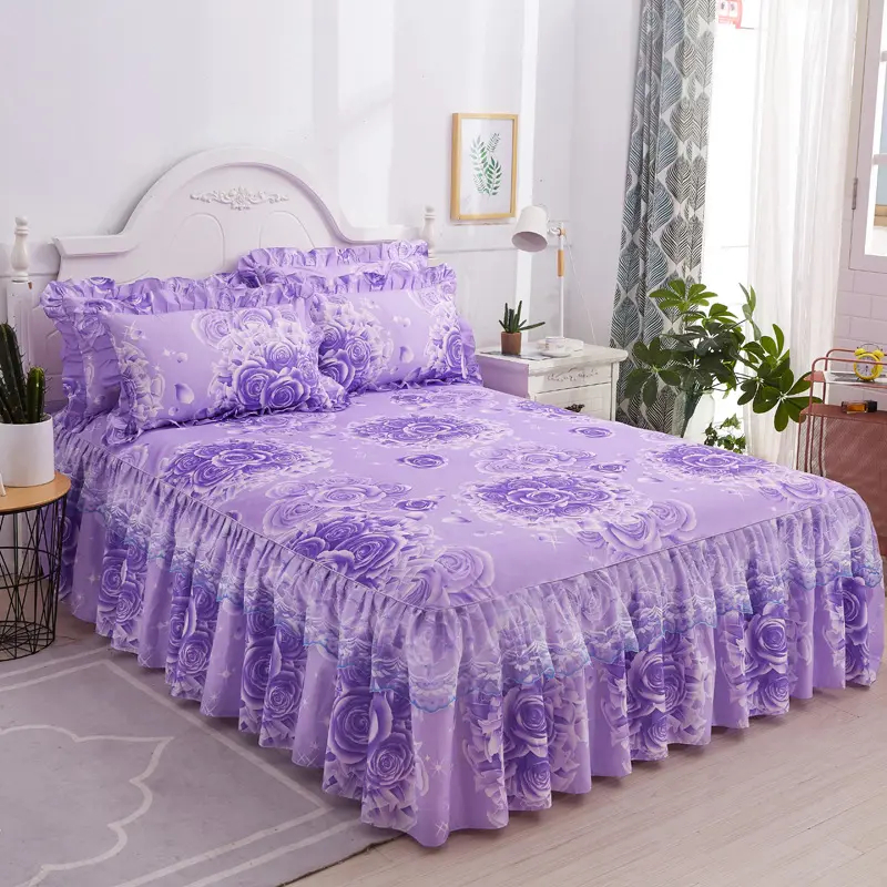 Multifunctional Double Lace Bed Sheets with Bed Skirt and Pillow Case 100% Polyester