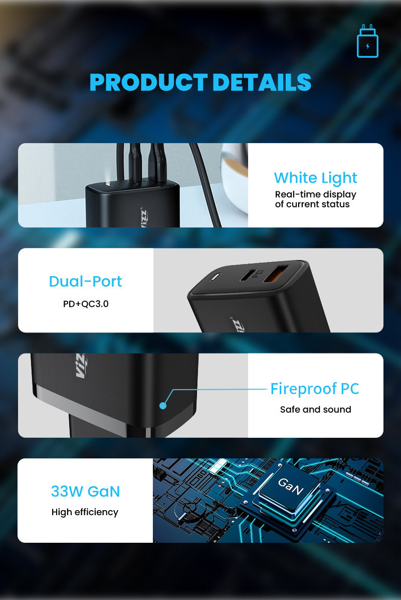 33w GaN Wall Charger Fast Charging Adapter PD Port 5V 3A For Tablet PC