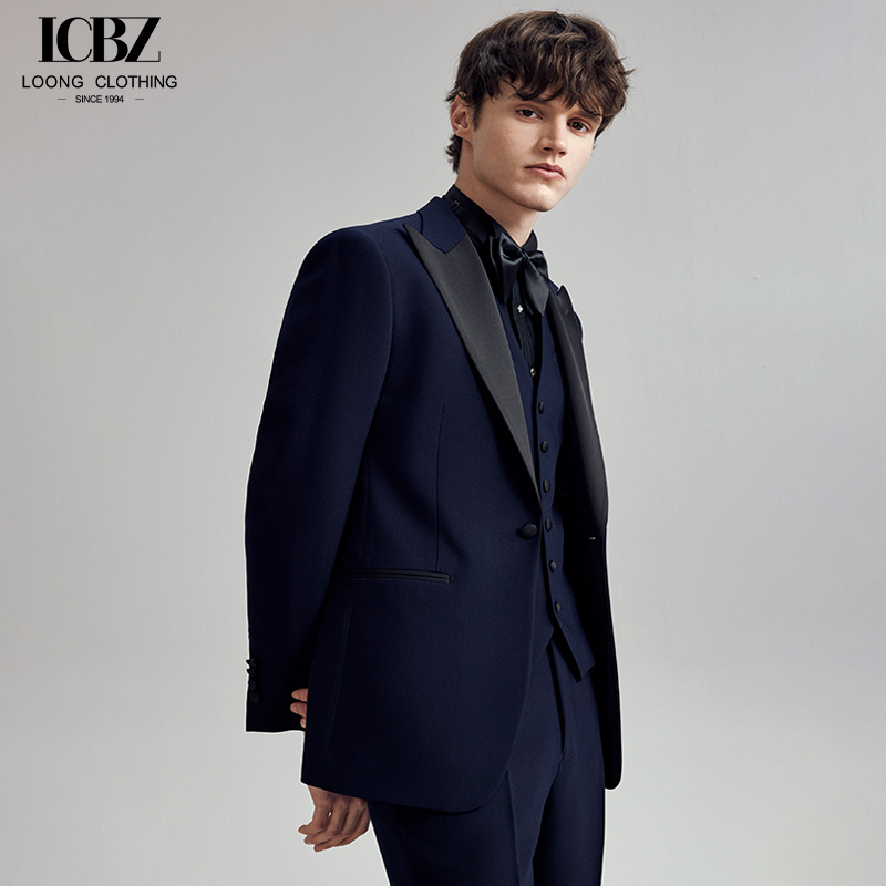Weaving method woven Woolen Cloth Fabric end Men's Navy Blue Suit for Groom's Wedding