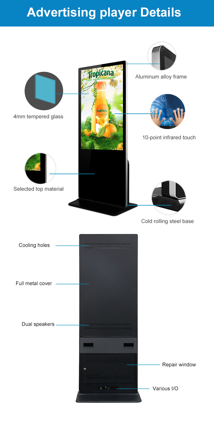 55 Inch Floor Stand Android Touch Screen Displays Advertising Players Ultra Thin Lcd Digital Signage