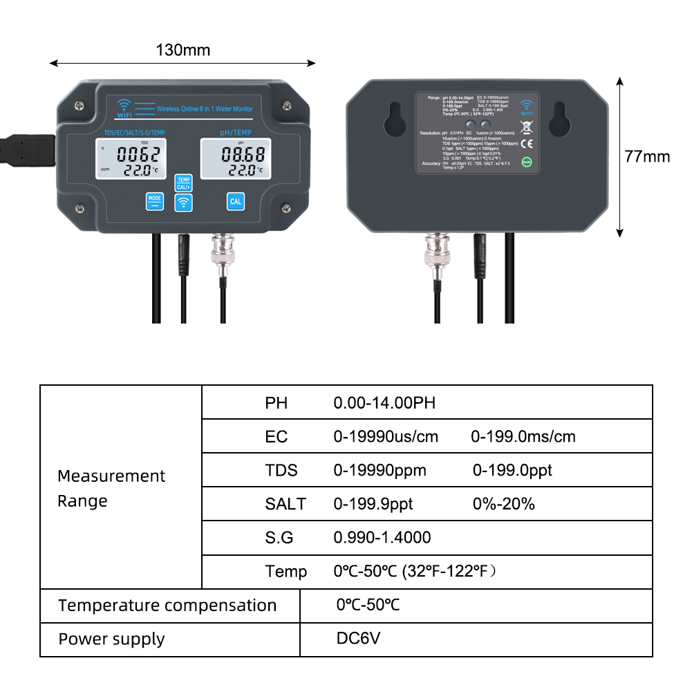 Customized Wifi Water Tester PH-3988 6 in 1 Salt S.G.Temp PH EC TDS Meter for Aquariums