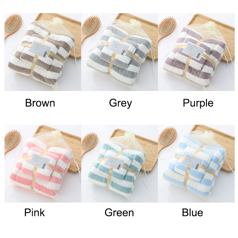 Broad Stripe Coral Velvet Hand Face Towel Set 35*75cm 70*140cm Microfiber Absorbent Towel Set