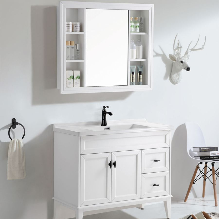 Led Mirror Modern Freestanding Bathroom Vanity with Quartz Stone Countertop Single Sink