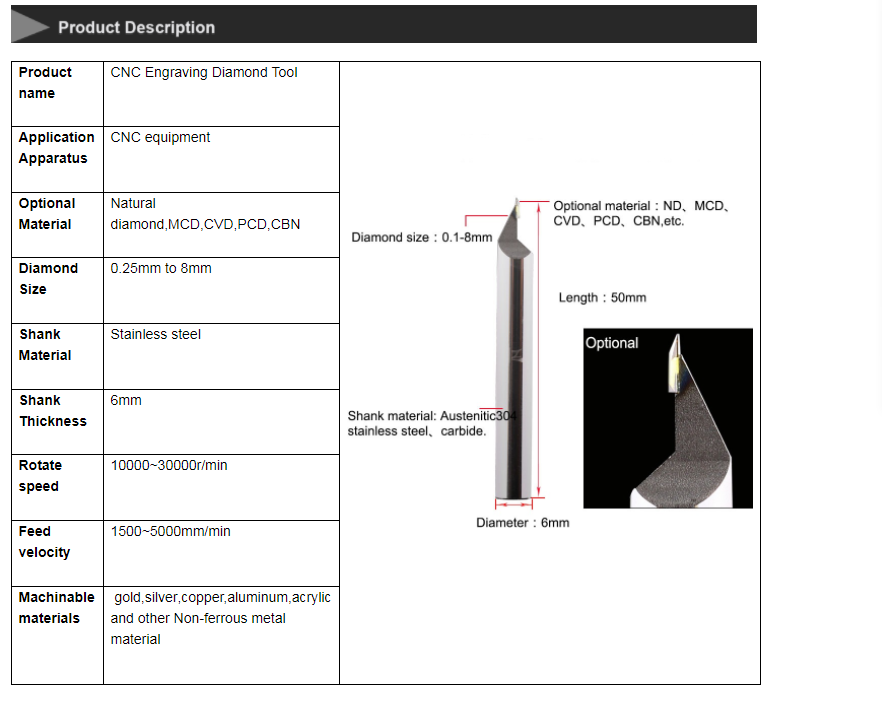 SS304 Shank ND CVD Diamond Engraving Tools