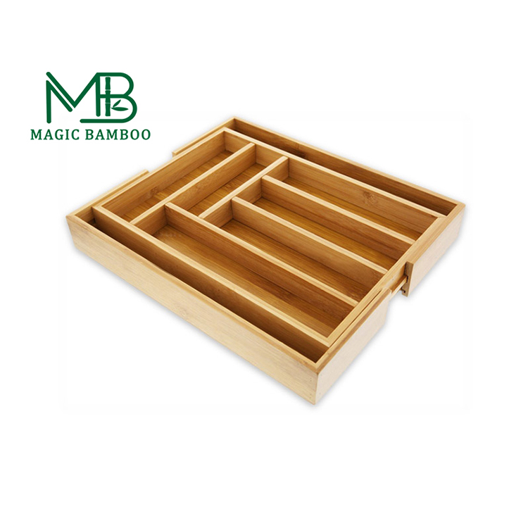 Eco-friendly Rectangle Bamboo Cutlery Serving Tray Set with 8 Adjustable Compartments