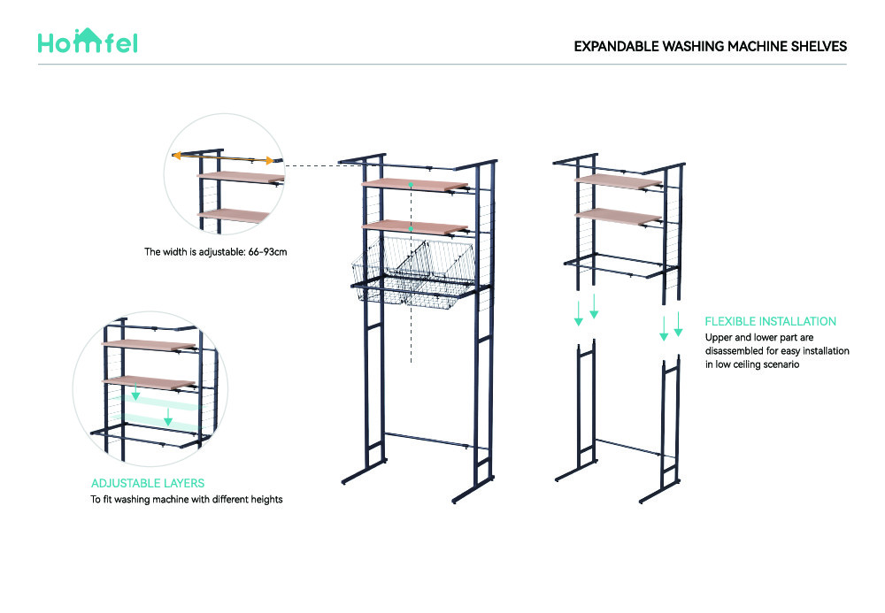 Pull Out Expandable Laundry Room Shelf Over Washing Machine Storage Rack 3-Tier Shelving Units With Rod