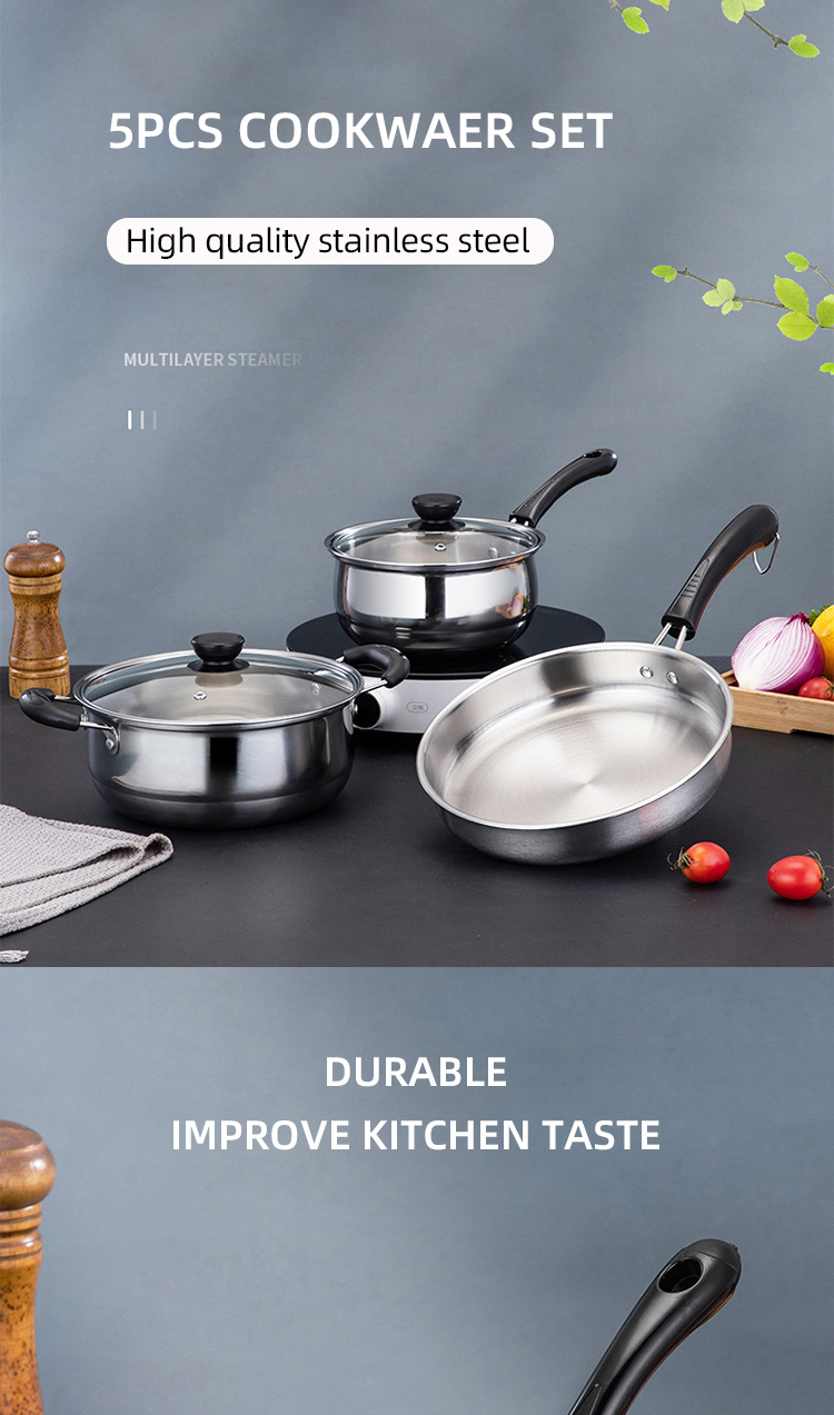 Cheap Price Cookware Set Induction Silver Pot Set Stainless Steel Cookware Set 5pcs Cooking Pot And Pans