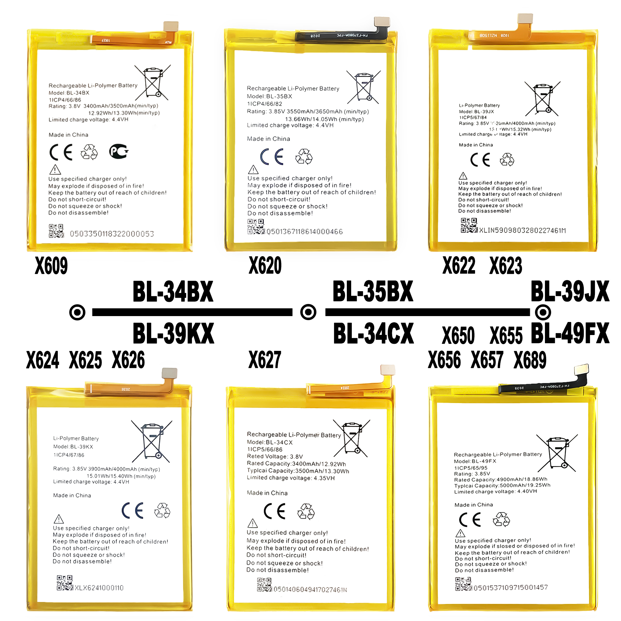Yellow Infinix X652 X653 X659 X660 X690 X693 X680 X688 X689 X687 X682 X683 X692 X695 X612 Batteries for Infinix Gadgets